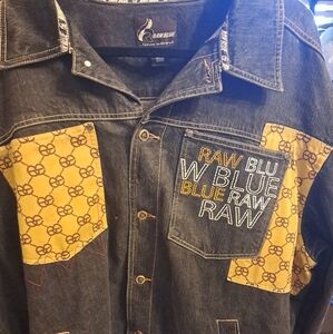 Raw Blue Mens Jacket Blue Denim Logo Button Front Stitch Design Pockets Size 2XL